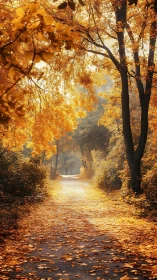Sunlit forest path covered in golden autumn leaves.