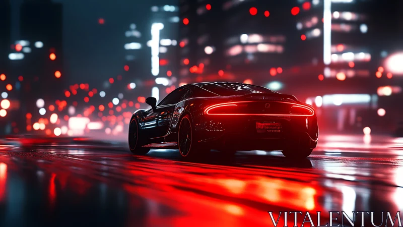 Rear view of sports car on wet neon lit city street.