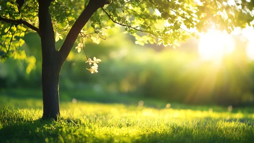 Sunlit tree trunk and foliage recorded in shallow focus