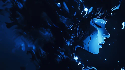 Neon blue side profile of ethereal female face in liquid void