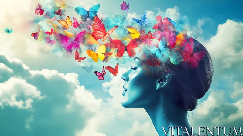 Surreal cyan female profile with chromatic butterfly mindscape