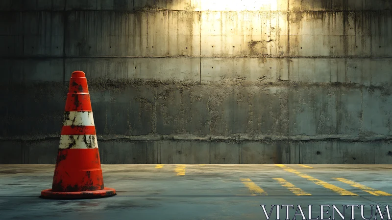 Photorealistic traffic cone in industrial concrete enclosure.