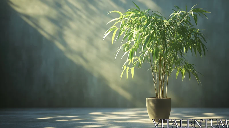 Sunlit potted bamboo softens a calm minimalist interior corner