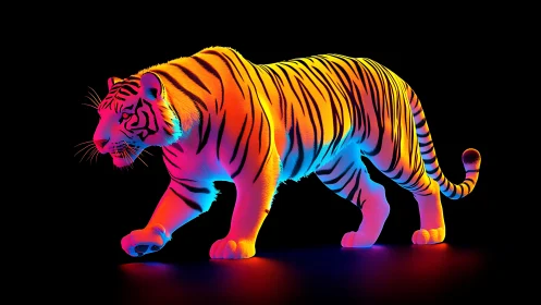 Neon tiger strides through darkness in vivid spectrum glow.