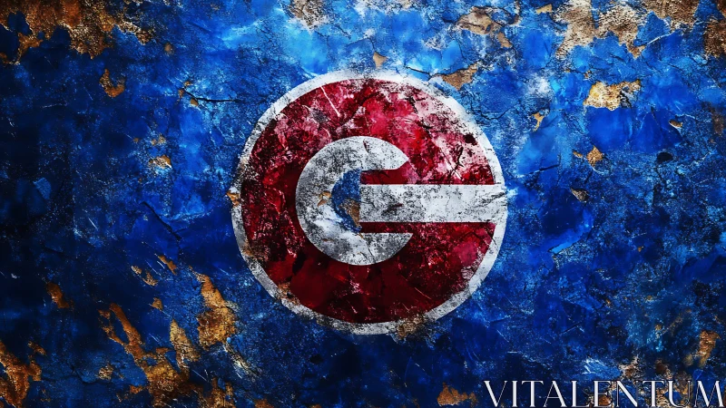 Bold red emblem rests on a richly textured blue surface