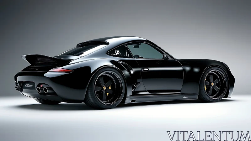 Black sports coupe rear view in clean studio lighting.