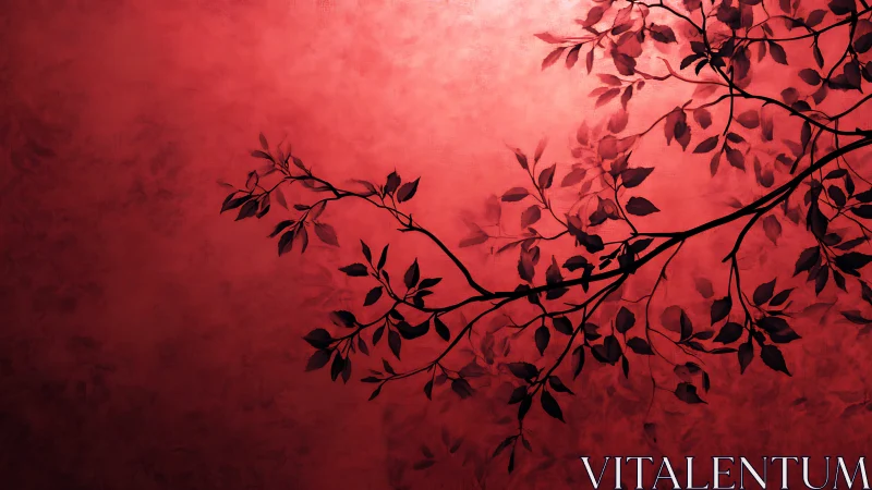 Elegant black tree branch silhouette on textured red background.