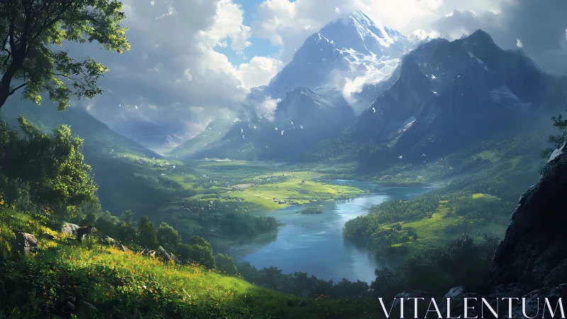 Sunlit river valley cradles mountains in luminous silence