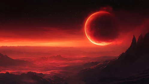 Crimson alien horizon glowing beneath a mysterious red moon.