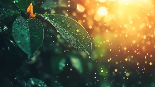 Macro leaf study with rain droplets and golden bokeh glow.