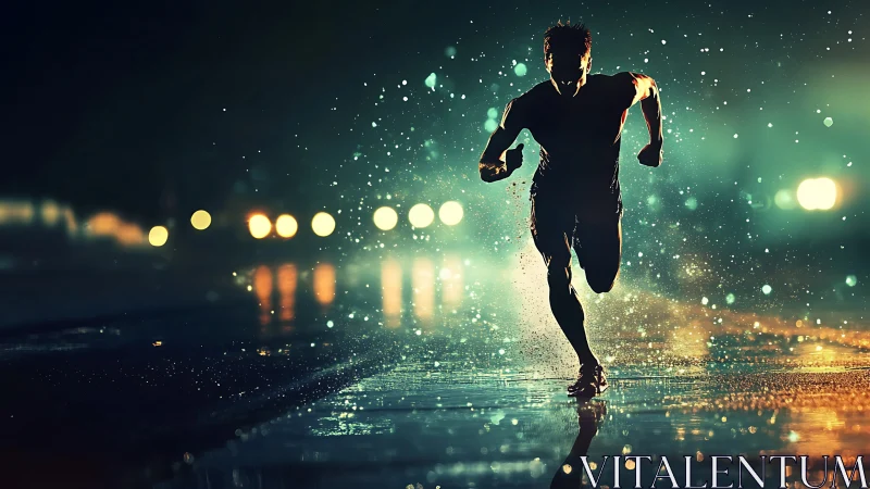 Rain-soaked night runner charges forward through glowing city