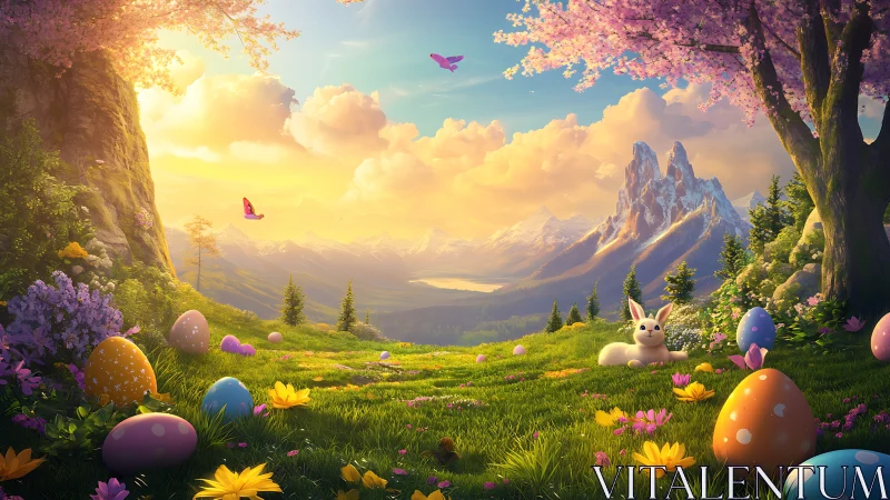 Spring valley landscape with rabbit, eggs, and distant peaks.