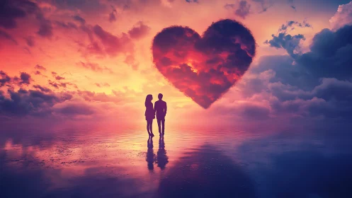 Silhouetted Couple Standing Before Heart-Shaped Cloud Formation.