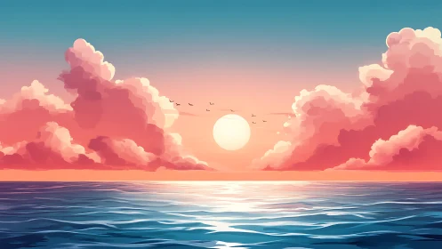 Digital seascape with sun, clouds and horizon alignment.