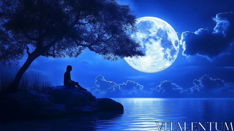 Digital moonlit lakeside silhouette in monochrome blue palette.