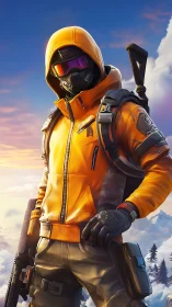 Hooded tactical operative in orange jacket dominates alpine skyline