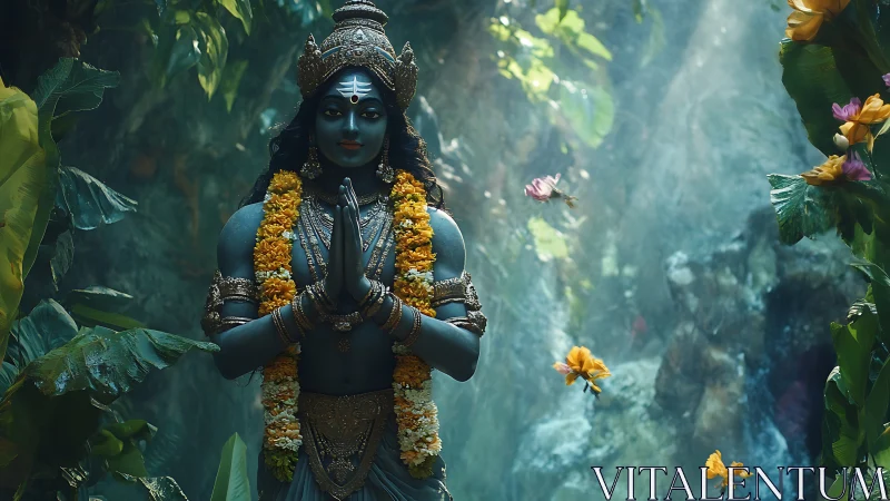 Blue-skinned deity statue stands praying in lush jungle glade