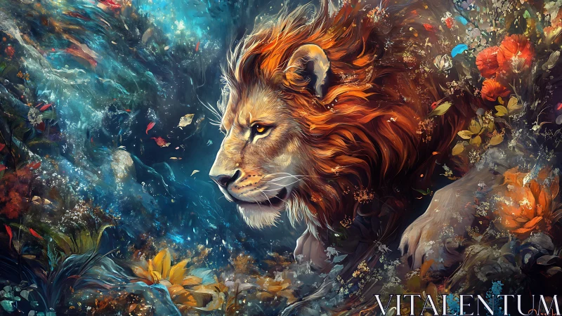 Mythic lion portrait in luminous floral and aquatic nebula