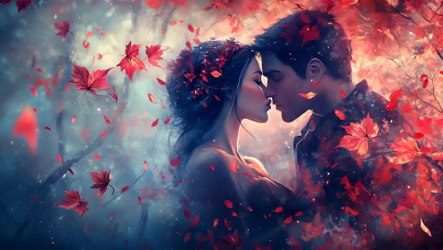 Romantic Silhouettes Embracing in Cascading Autumn Leaves.