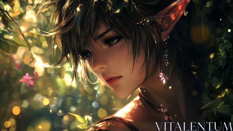 Softly glowing forest elf gazes into golden woodland light