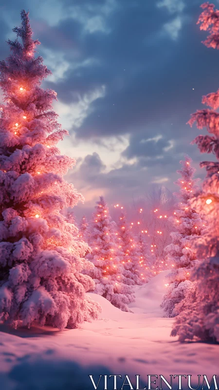 Snowy pink forest glowing with cozy winter lights.