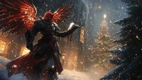 Winged winter sentinel reads firelit omens beside tree