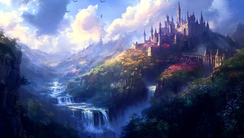 Majestic hilltop citadel above cascading valley waterfalls.