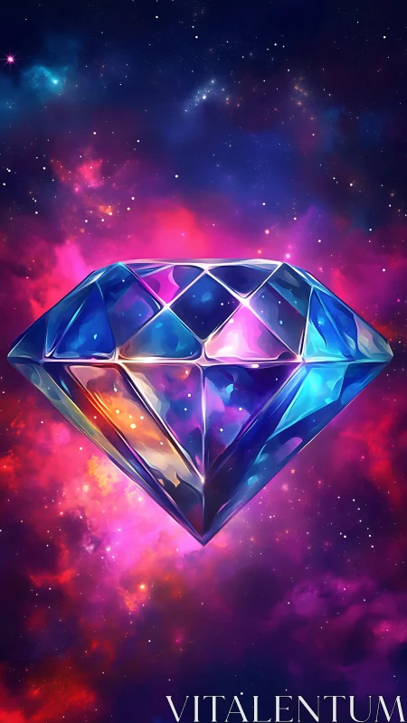 Floating faceted diamond shape rendered against nebula sky