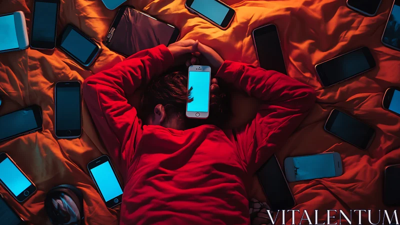 Glowing phones surround a resting teen lost in screen light