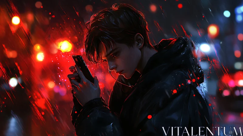 Rain-soaked night thoughts under neon city glow.