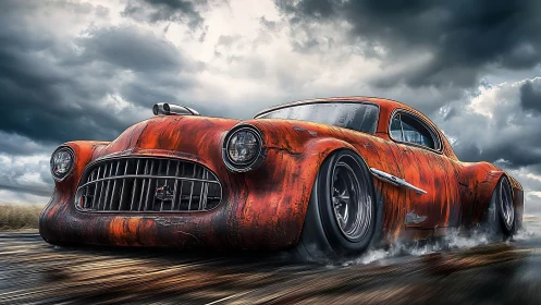 Retro muscle car storms wet highway under dramatic storm sky.
