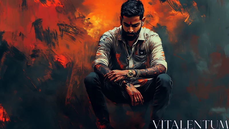 Brooding man crouches amid blazing abstract inferno backdrop.