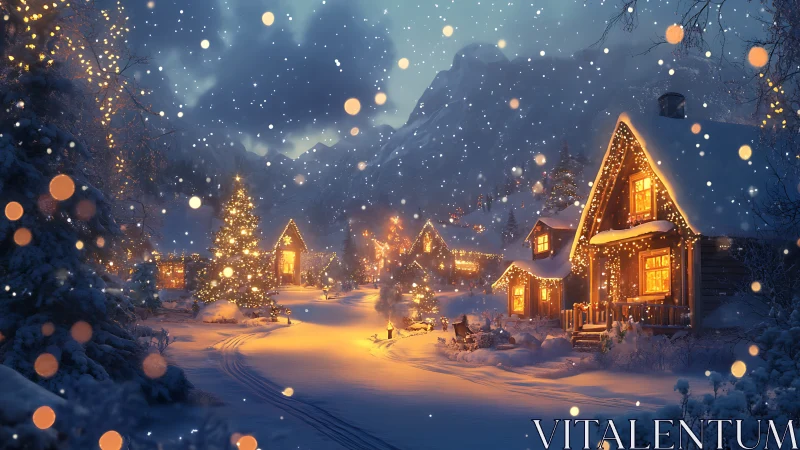 Snowy holiday village glowing with cozy winter magic.