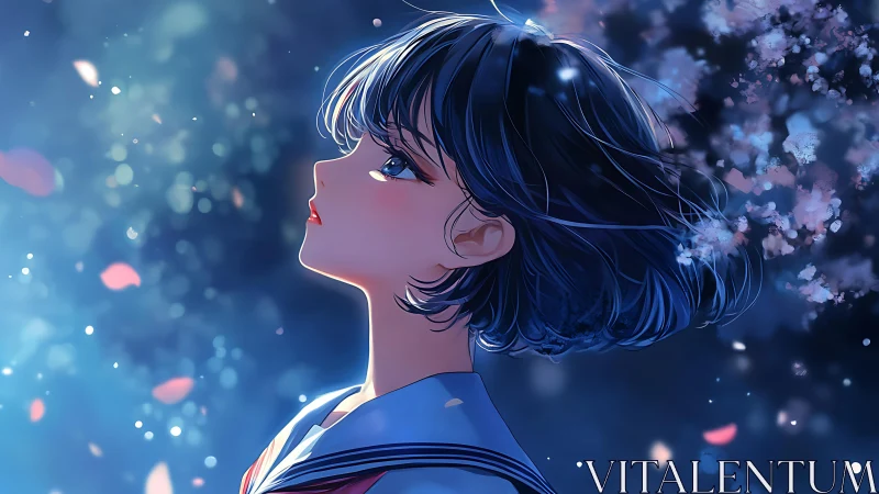 Side profile of student in uniform facing luminous night sky