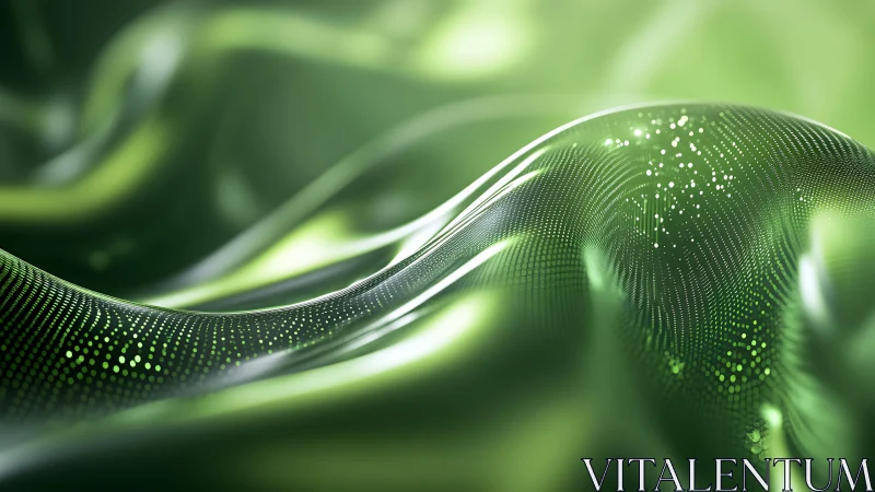 Abstract green waves with glowing particles in futuristic digital style.