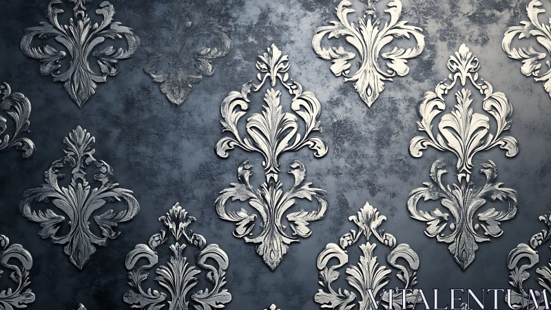 Embossed baroque damask pattern on textured metallic wall surface.