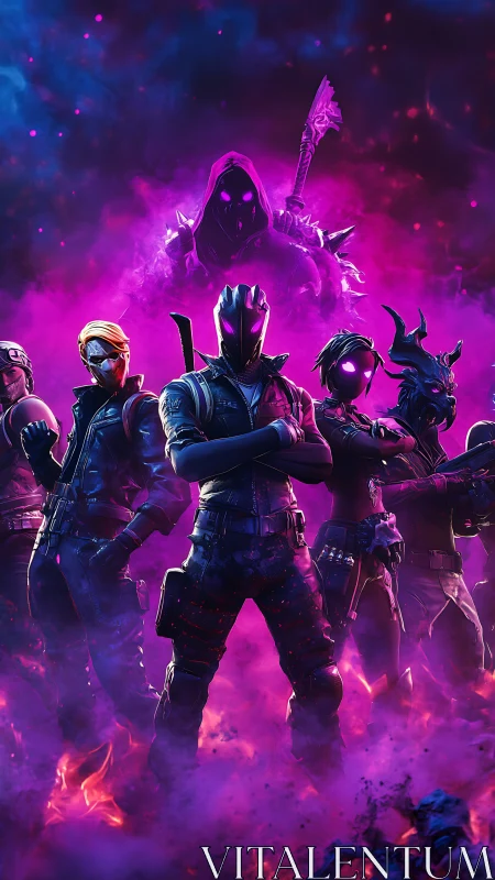 Neon mist combat squad with hooded spectral overlord looming