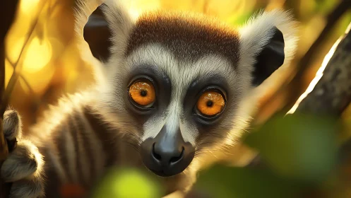 Ring-tailed lemur portrait in golden backlit forest glow.
