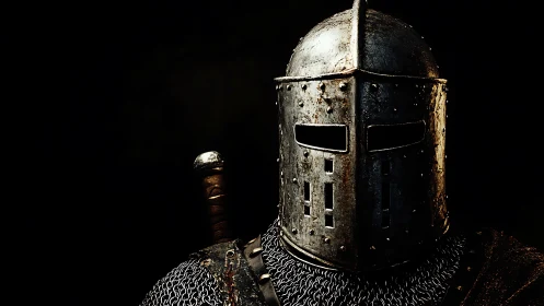Medieval armored knight faces camera in dark studio setting