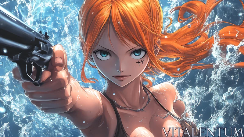 Fiery haired anime sniper aims pistol through crashing water