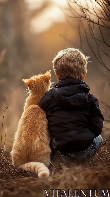 Child and ginger cat share a quiet moment together in nature.