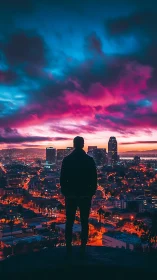 Silhouette observing illuminated city under vivid dusk sky.