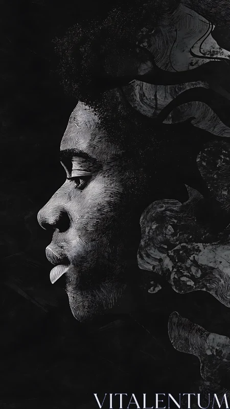 Whispered profile etched in darkness and drifting memory smoke.