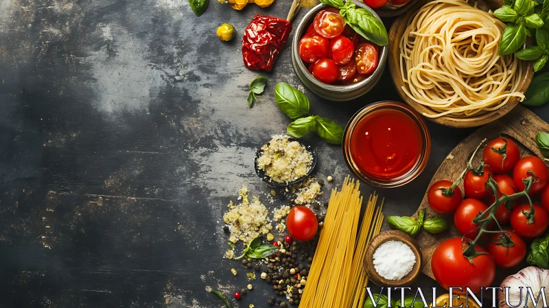 Ingredients are arranged for a tomato and pasta preparation