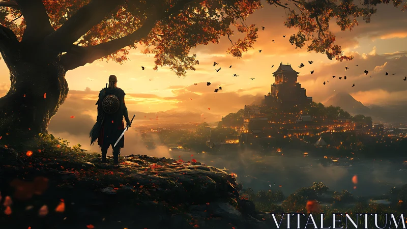 Armored warrior surveys illuminated hilltop citadel at sunset