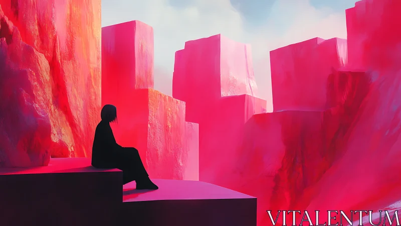 Solitary figure studies volumetric pink monolith canyon lighting