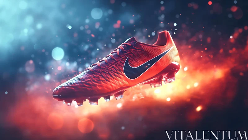 Dynamic red football boot in cinematic bokeh lighting.