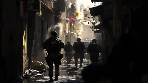 Soldiers patrol narrow damaged alley under harsh backlighting