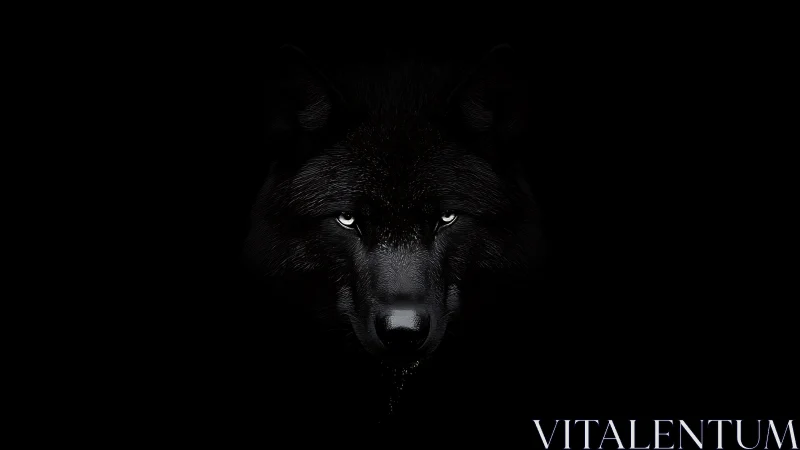 Black wolf face emerges from darkness with piercing eyes.