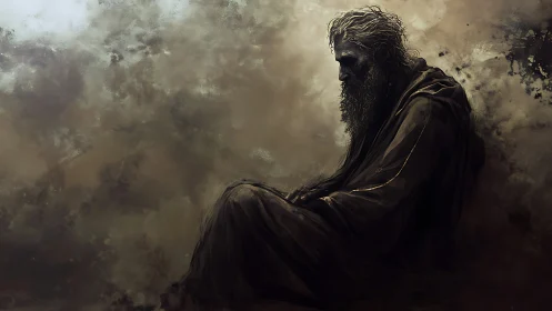 Solitary robed sage in swirling sepia stormscape.